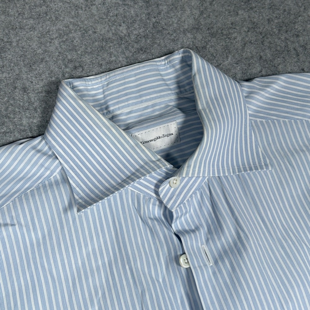 Ermenegildo Zegna Dress Shirt Men 16 Large Blue White Striped Luxury button down - Picture 3 of 16